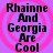 Four identical display black text on a purple background with pink concentric circles, each reading "Rhainne And Georgia Are Cool" in pixelated font