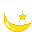 Two golden crescent shapes with white highlights on a gray background, one with a central star and scattered dots above it.