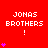 Red background with repeated 'JONAS BROTHERS !' text and animated purple heart symbols in a