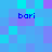 Pixelated of cyan and purple squares with four instances of the text 'bari' in blue pixel font