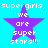 Four identical pixelated purple stars on cyan background with white text reading "supergirls, supergirls. we are super stars!!!" in four quadrants.