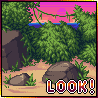 Pixel art scene showing a beach with green foliage, rocks, and ocean under pink sky; text 'LOOK!' appears at bottom center.