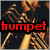A pixelated image of a person playing a trumpet with visible hands and instrument, overlaid with text.