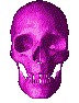 Four pixelated human skulls in purple, red, brown, and green arranged in a against a light gray background