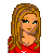 Pixel art image of a woman with long blonde hair in red top, next to text reading 'a playa boy that likes who thinks he's me alot!' and other phrases.