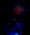 Pixelated character in blue armor with glowing red helmet, holding a staff emitting colored light beams across four vertical