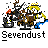 Animated contact sheet showing 16 frames of a pixel art animation featuring cartoon characters and a transforming question mark symbol, with text "Sevendust" beneath each frame.