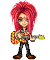 Pixelated character with bright red spiky hair, yellow and red checkered shirt, black pants, brown shoes, holding a yellow-topped guitar, standing against gray background.