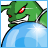 Green dragon with red eyes breathes blue fireball that expands into a star shape against white background.