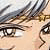 A pixelated close-up of a person's face showing eyes, eyebrows, and part of a nose with light skin tone and dark hair strands visible.