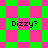 Green and pink pixelated with four instances of 'Dizzy?' text in black, showing two distinct background patterns