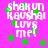 Pixelated text on bright pink background with green stars, reading 'shakun kaushal loves me!' in white block letters.