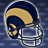 identical football helmets with blue and gold stripes, silver facemasks, and a shiny surface on a dark background