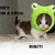A small brown and white dog wearing a bright green frog-shaped hood stands on a light surface against a gray background.