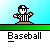 Pixelated baseball-themed animation showing umpire, batter, and ball in various states