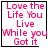 Four identical square display pink text on white background with black borders; two show a small black heart symbol, one shows a star-like symbol