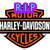 Harley-Davidson Motor Cycles logo with changing text overlays in purple and cyan on a white background.