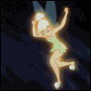 Animated sequence of a cartoon fairy with blonde hair in a bun, green dress, and blue wings performing a jump rope motion against a dark blue background.