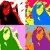 Animated sequence of a character with red hair and black clothing against changing backgrounds including pink, blue, green, purple, yellow, orange, white, and gray.