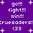 Purple background with white pixelated text and stars, repeating phrases and symbols in a pattern