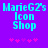 Pixelated text 'MarieG2s Icon Shop' in cyan on purple background with pink asterisks below, two identical frames side-by-side.
