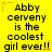 Yellow background with black text reading "Abby cerveny is the coolest girl ever!!" repeated in a pattern, surrounded by orange star and dot decorations