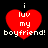 Four identical red heart-shaped icons with white pixelated text reading "i luv my boyfriend!" arranged in a on black background