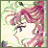 Pixelated anime-style character with pink hair and green eyes, side profile against light background, next to black with white text