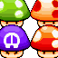 Four pixel-art mushrooms with distinct caps and stems arranged in a 2x2 grid, each featuring unique color patterns and one displaying a peace symbol.