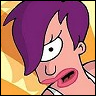 Pixelated cartoon character with purple hair, wide white eyes, and pink lips in a surprised expression against a yellow-orange background.