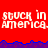 Red background with white text repeating 'stuck in America' and blue-purple wave border; gray rectangle partially covers lower right.