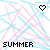 Pixelated summer-themed icon with pink and light blue diagonal lines on white background, featuring a black heart outline at top center and 'SUMMER' text in blocky font below.
