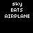 Four pixelated display the text 'sky EATS AIRPLANE' in white block letters against varying background colors