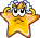 Yellow star-shaped character with orange outline, holding blue and white object near head, displaying neutral expression