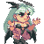 Pixel art contact sheet of a female character with green hair, black horns, and bat wings performing various hand gestures across seven frames.