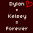 Dark red background with white pixelated text showing 'Dylan + Kelsey = Forever' and a red heart symbol above Dylan on the left side.