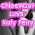 Black-and-white photo of a woman with dark hair resting her chin on folded hands, overlaid with pink text reading "ChloeW259 LUVS Katy Perry".