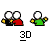 Animated contact sheet of 5 pixel art frames showing stick figures in red and green shirts interacting with black-and-yellow objects against a gray background, each frame labeled "3D" below.