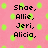 Pink background with green polka dots and black pixelated text listing names.