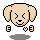 Pixel art contact sheet showing two frames of a dog icon animation with visible text and heart symbols.