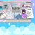Pixelated image of a figure in purple clothing seated on a platform with multiple panels and objects against a blue sky background.