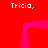 Red background with four white 'Tricia.' text instances and a pink outlined shape resembling an open door or frame.