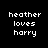 Pixelated text displays 'heather loves harry' in white on black, arranged in three across six identical
