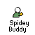 Pixelated character with white spherical head and yellow body in multiple poses including green hat, red cape, Spider-Man suit, and weapon-holding actions.