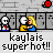 Pixel art animation of two figures kissing against a stone wall background with red circular accents, text below reads 'kaylais super hot!!'
