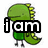 Green pixelated dinosaur with yellow spikes, black legs, and a tail; text overlays change across four views showing different phrases.