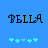 Blue background with two identical pixelated 'BELLA' text blocks and five light blue star icons below each text block.