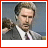 A 5x4 contact sheet of animated frames showing a man in a gray suit with a white shirt and purple tie, displaying sequential text changes below his image against a blue background.