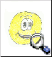 Yellow circular character with wide eyes and a smile holds a magnifying glass that changes from closed to open mouth view.