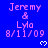 Blue background with repeated pink text 'Jeremy & Lylo 8/11/09' and white pixel hearts, one gray rectangle visible at bottom-right.